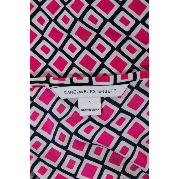 Sz 4 Diane Von Furstenberg Geometric Fuschia/Navy Cotton & Silk Midi Wrap Dress - Picture 5 of 5